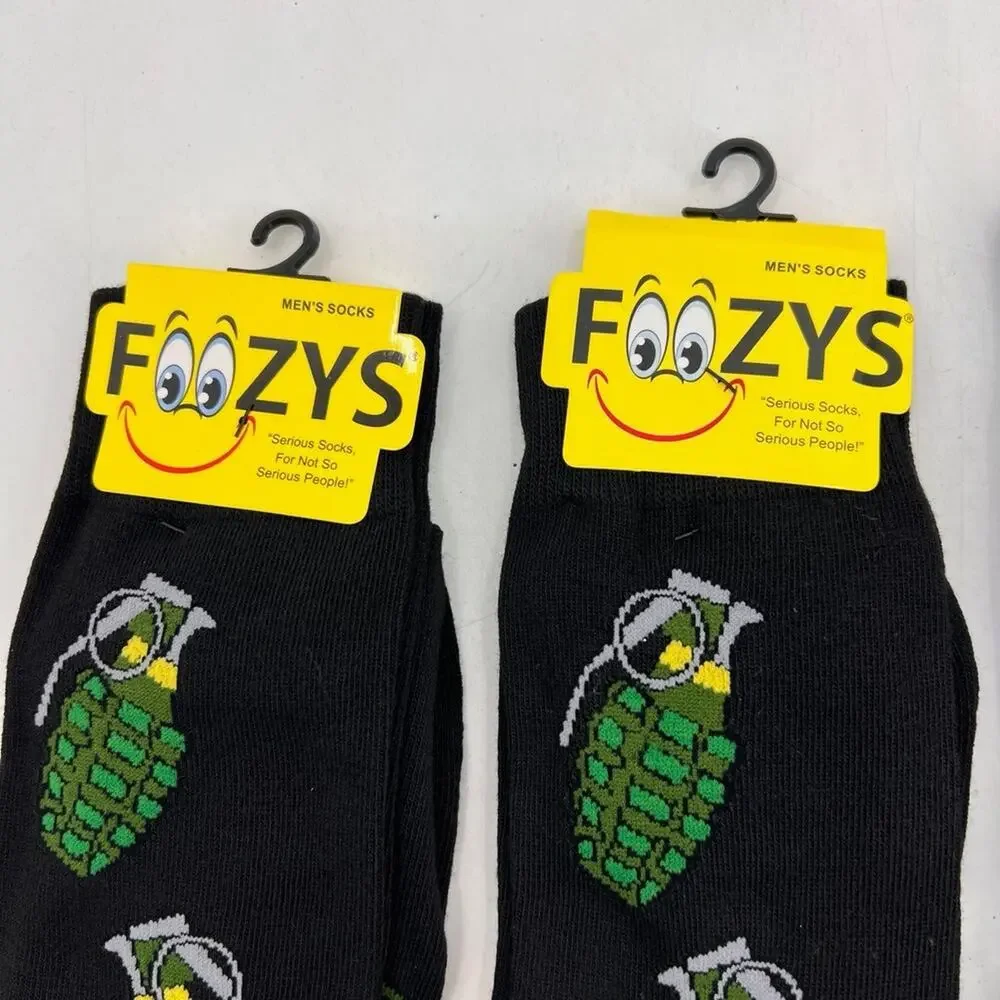 Foozys Socks Mens 6-12 Black Blue Crew Novelty Military Hand Grenade 4 Pairs